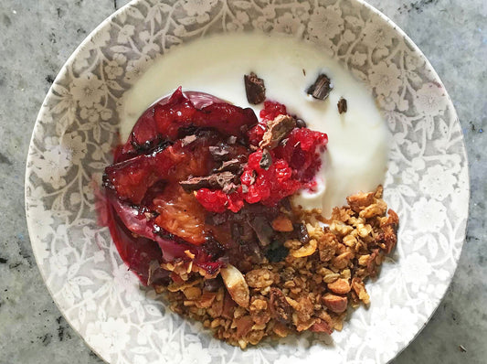 Cardamom and Almond Granola with Roasted Plums and Cacao by Tess Ward