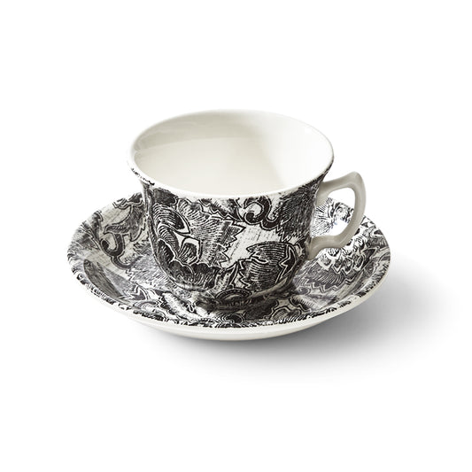 Faded Peony Black Teacup and Saucer